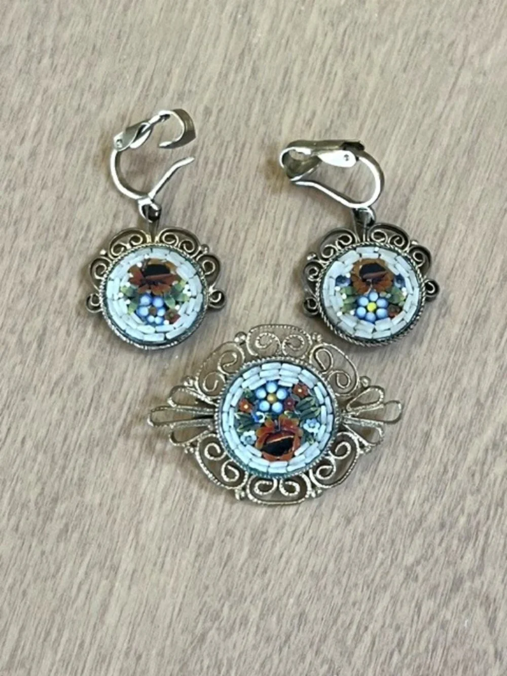 Vintage Micro Mosaic Pin & Matching Clip Earrings Set